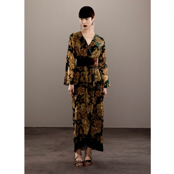 Zara FRINGED VELVET DRESS GREEN - Picture 1 of 8